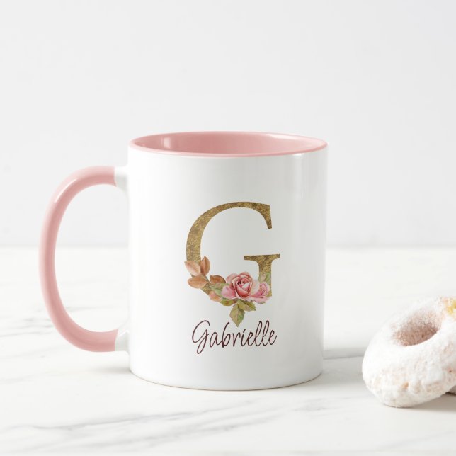 Taza Letra de nombre personalizado G Lámina dorada Rosa (Con donut)