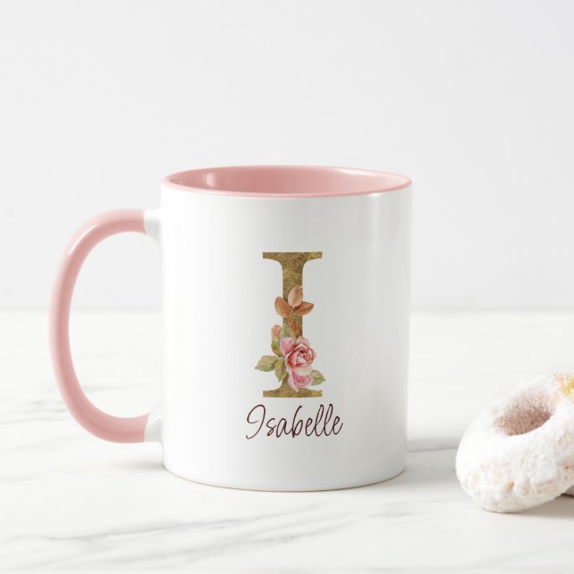 Taza Letra de nombre personalizado I Lámina de oro Rosa (Con donut)