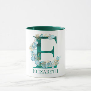 Taza Letra E Monograma Acuarela Verde Azul y Dorado