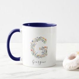 Taza Letra floral acuarela G Monograma y nombre persona