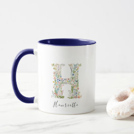 Taza Letra floral acuarela H Monograma y nombre persona