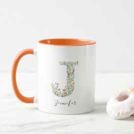 Taza Letra floral acuarela J Monograma y nombre persona