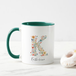 Taza Letra floral acuarela K Monograma y nombre persona
