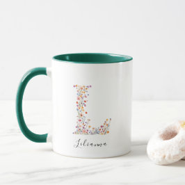 Taza Letra floral acuarela L Monograma y nombre persona