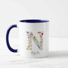 Taza Letra floral acuarela N Monograma y nombre persona