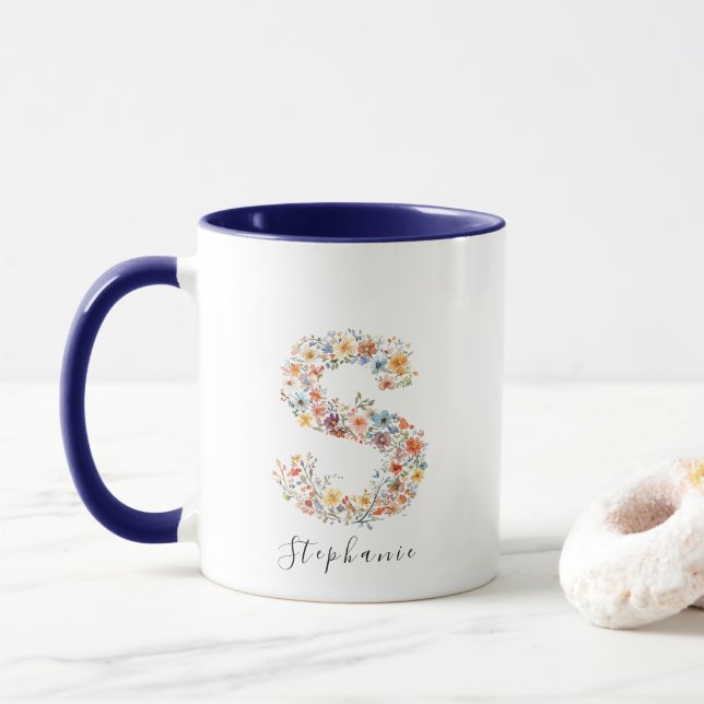 Taza Letra floral acuarela S Monograma y nombre persona (Con donut)