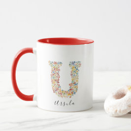Taza Letra floral acuarela U Monograma y nombre persona