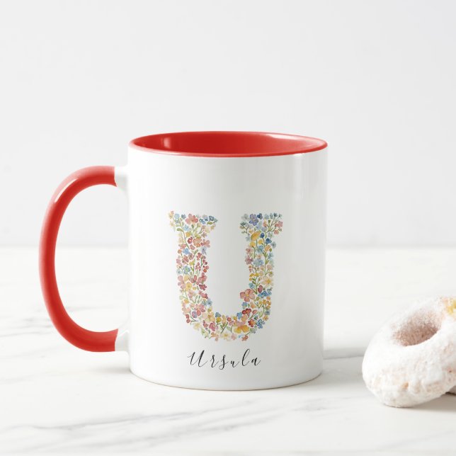 Taza Letra floral acuarela U Monograma y nombre persona (Con donut)