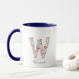 Taza Letra floral acuarela W Monograma y nombre persona