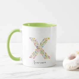 Taza Letra floral acuarela X Monograma y nombre persona