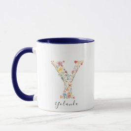 Taza Letra floral acuarela Y Monograma y nombre persona