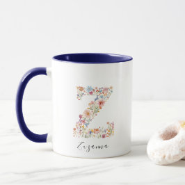 Taza Letra floral acuarela Z Monograma y nombre persona