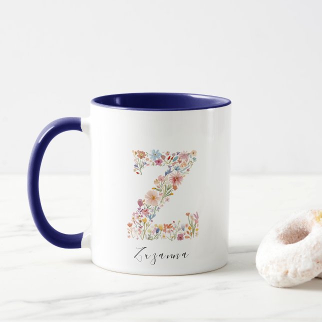 Taza Letra floral acuarela Z Monograma y nombre persona (Con donut)