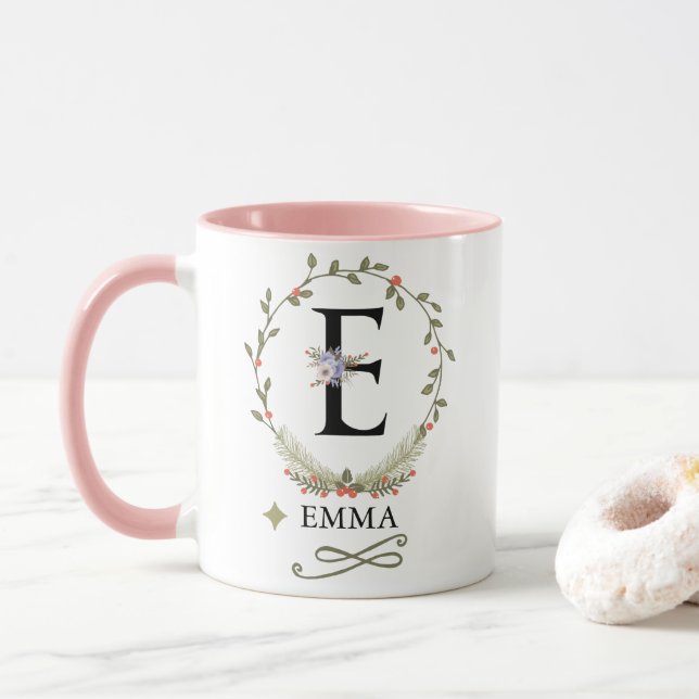 Taza Letra floral cuta E Monograma Mug (Con donut)