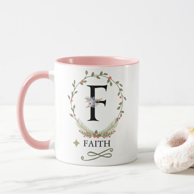 Taza Letra floral cuta F Monograma Mug (Con donut)