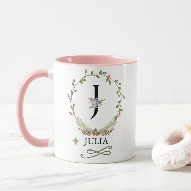 Taza Letra floral cuta J Monograma Mug (Con donut)