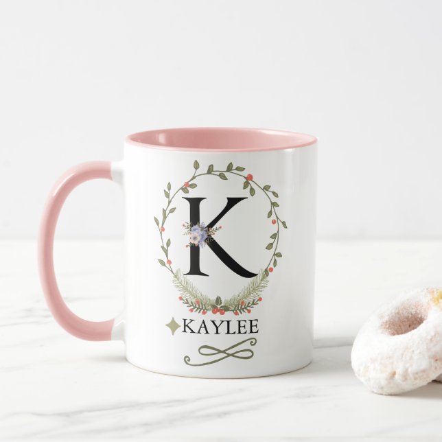Taza Letra floral cuta K monograma mug (Con donut)