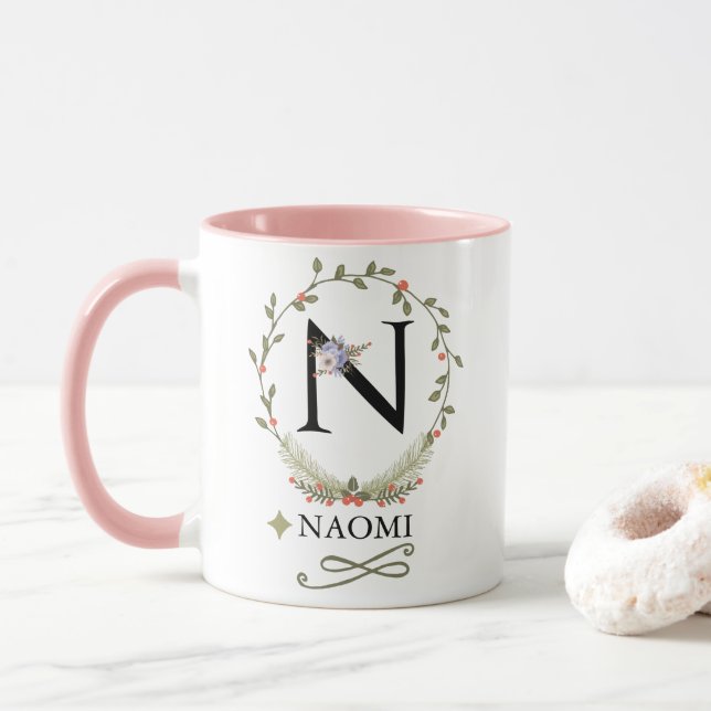 Taza Letra floral cuta N Monograma Mug (Con donut)