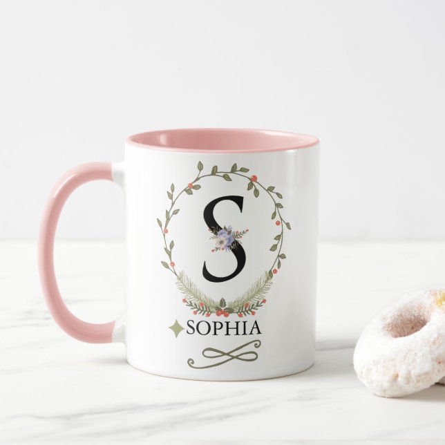 Taza Letra floral cuta S Monograma Mug (Con donut)