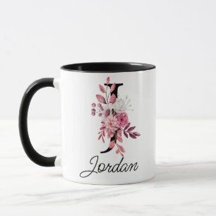 Taza Letra floral mauve Rosa polvorienta J monograma in