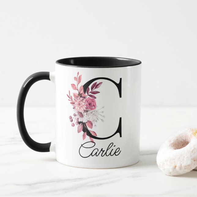 Taza Letra floral mauve Rosa turbia C monograma (Con donut)