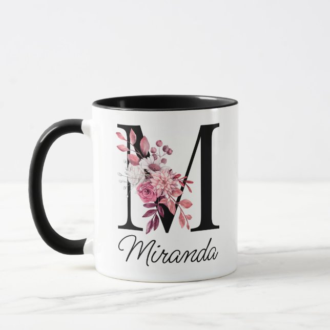 Taza Letra floral mauve Rosa turbia M monograma inicial (Izquierda)