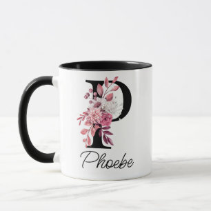 Taza Letra floral mauve Rosa turbia P monograma inicial