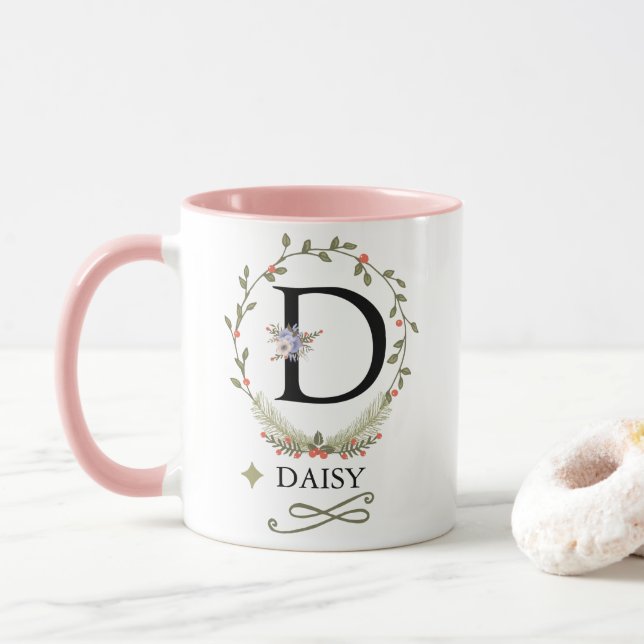 Taza Letra floral minúscula d monograma (Con donut)