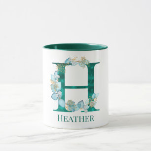 Taza Letra H de monograma en acuarela azul verde y dora