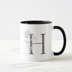 Taza Letra H Monogramada floral Mug blanco y negro
