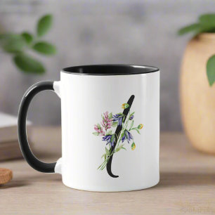 Taza Letra " I " Floral de escritura negra monogramada