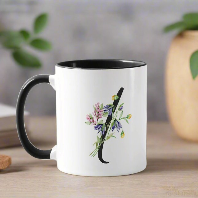 Taza Letra " I " Floral de escritura negra monogramada (Subido por el creador)