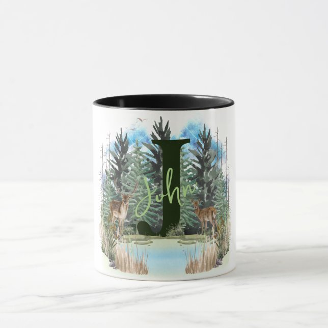 Taza Letra J monograma personalizado del ciervo acuarel (Centro)