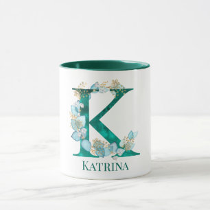 Taza Letra K Monograma Acuarela Verde Azul y Dorado