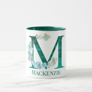 Taza Letra M de monograma en acuarela azul verdoso y do