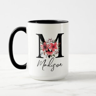 Taza Letra M Monograma negro Arreglo floral rosa
