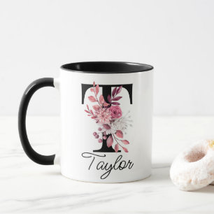 Taza Letra mauve floral turbia Rosa T monograma inicial