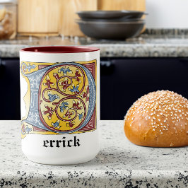Taza Letra medieval azul y marfil rojo con iluminación 