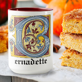 Taza Letra medieval azul y marfil rojo iluminada B