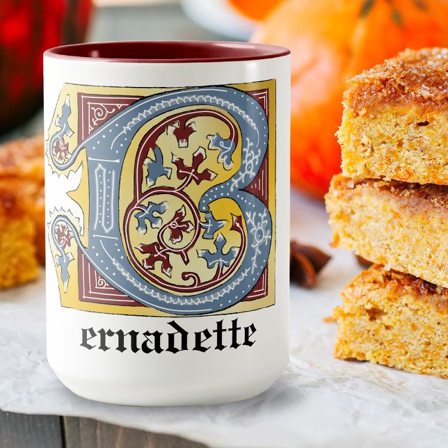 Taza Letra medieval azul y marfil rojo iluminada B (Subido por el creador)