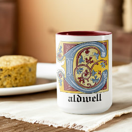 Taza Letra medieval azul y marfil rojo iluminada C