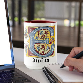 Taza Letra medieval azul y marfil rojo iluminada E