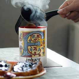 Taza Letra medieval azul y marfil rojo iluminada F