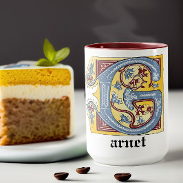 Taza Letra medieval azul y marfil rojo iluminada G