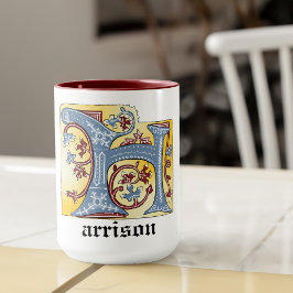 Taza Letra medieval azul y marfil rojo iluminada H