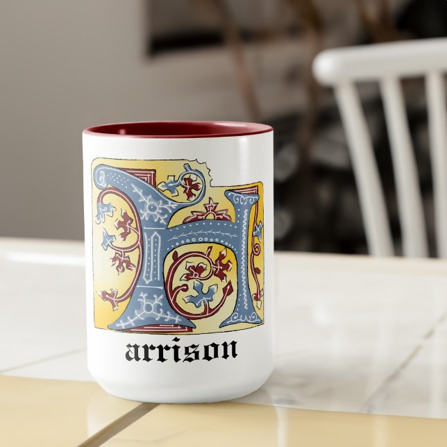 Taza Letra medieval azul y marfil rojo iluminada H (Subido por el creador)