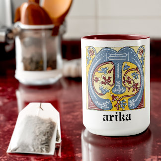 Taza Letra medieval azul y marfil rojo iluminada M