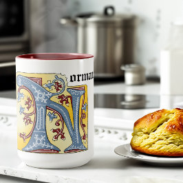Taza Letra medieval azul y marfil rojo iluminada N
