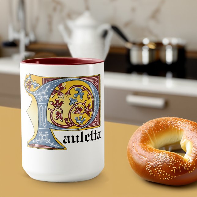 Taza Letra medieval azul y marfil rojo iluminada P (Subido por el creador)
