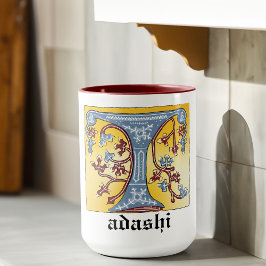 Taza Letra medieval azul y marfil rojo iluminada T